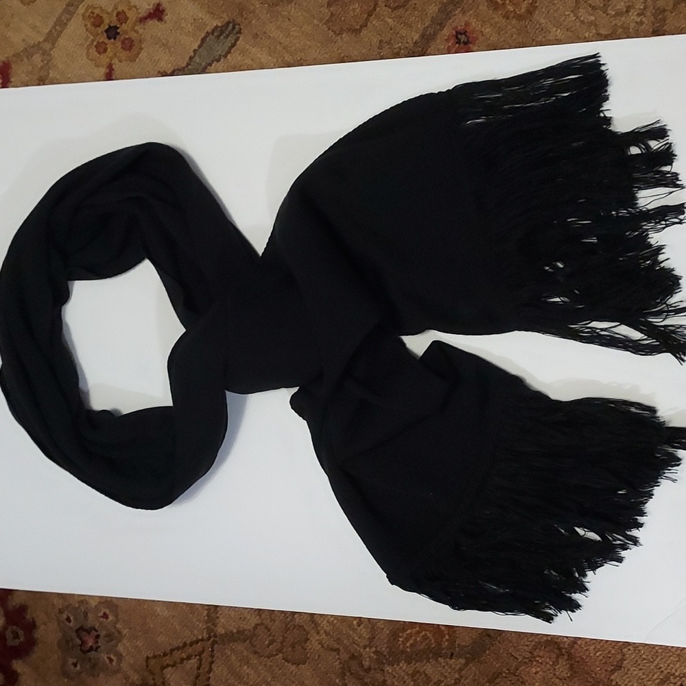 Cashmere Black Silk Scarf Long Black With Fringe Chunky Heavyweight Wrap Vintage